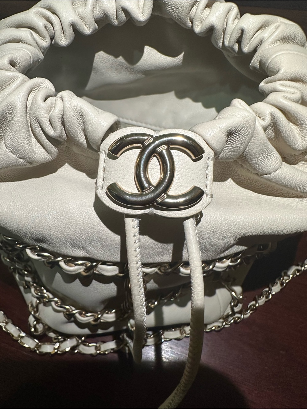 Chanel CC Bucket Bag Drawstring Cream Leather Gold Chain Crossbody | Authentic - Picture 6 of 9